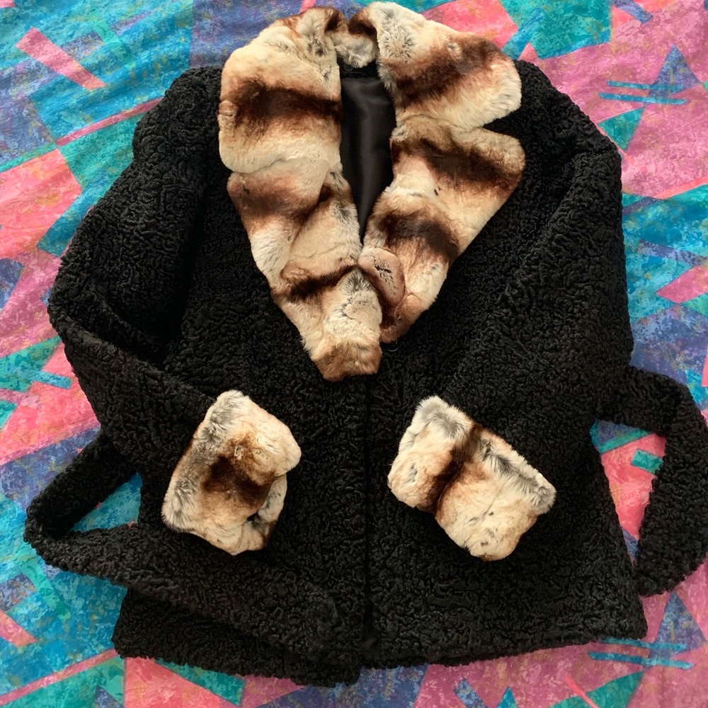 Persian Curly Lamb Astrakhan Fur Coat Fur Collar & Cuffs M Black Lined Handmade